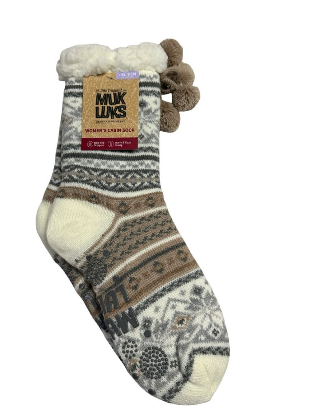 Muk Luks Women’s Cabin Socks L/XL 8-10 Fair Isle Sherpa Lined Pom Pom Non Slip